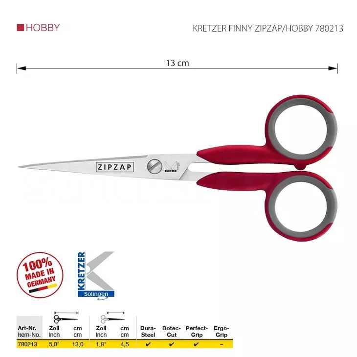 KRETZER FINNY ZIPZAP/HOBBY 780213 - Nożyczki do nitek i haftu, ostre czubki